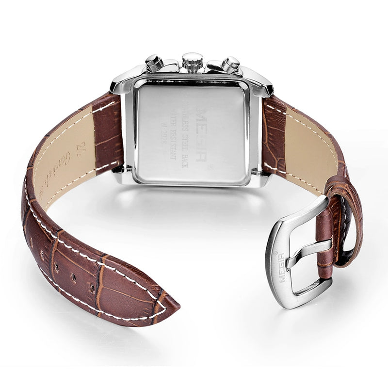 MEGIR Luxury Watch For Men Top Brand Fashion Square Quartz Chronograph Watches Business Waterproof Luminous Leather Wristwatch