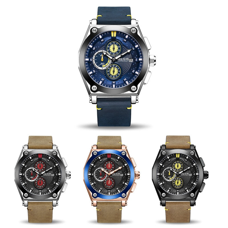 MEGIR Men Watch Top Brand Sport Analog Quartz Wrist Watch Leather Strap Chronograph Business Watches For Men Relogio Masculino
