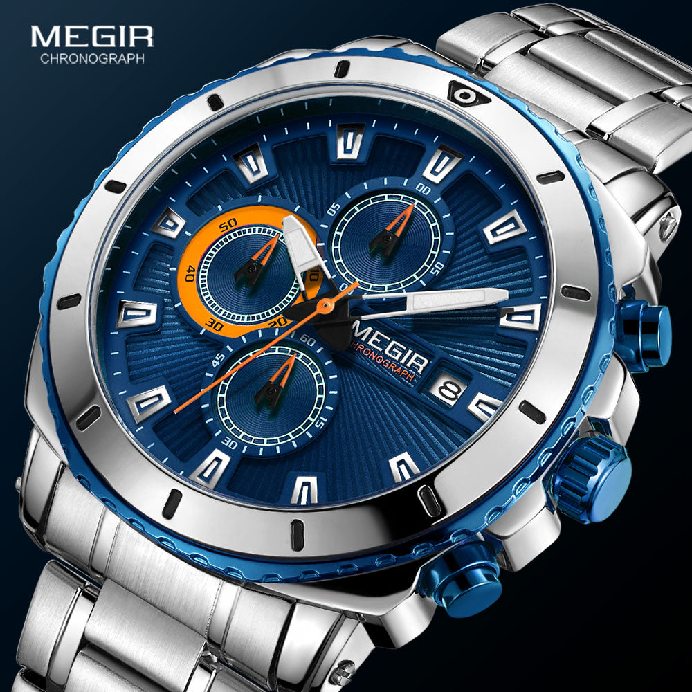 MEGIR Men's Blue Dial Chronograph Quartz Watches Fashion Stainless Steel Analogue Wristwatches for Man Luminous Hands 2075G-2