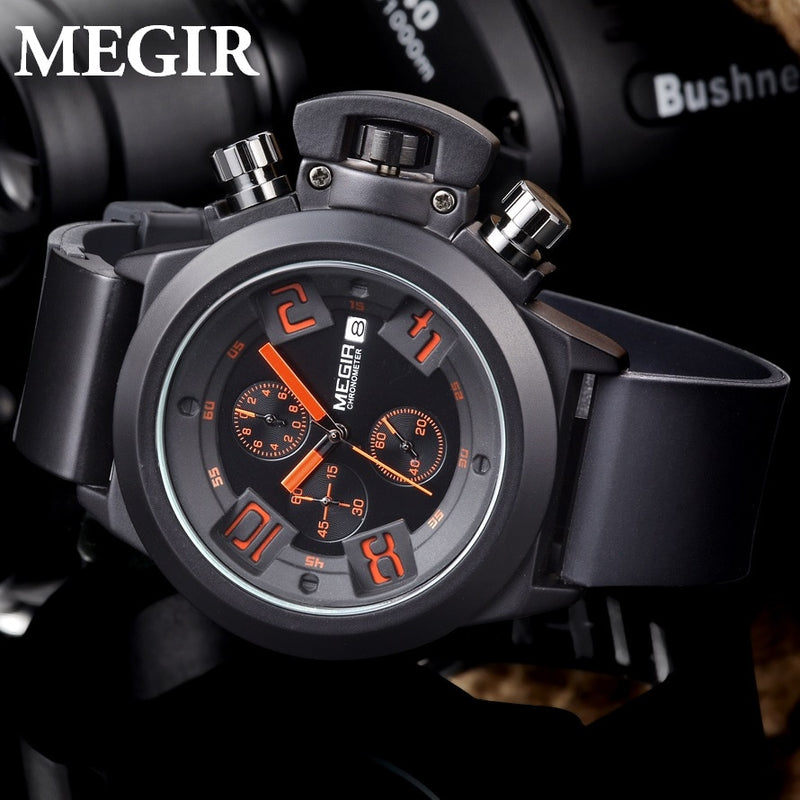 MEGIR Men's Casual Quartz Watch 3D Engraved Dial Black Silicone watches men Waterproof Military Sport Watch for Man MG2002 Relog