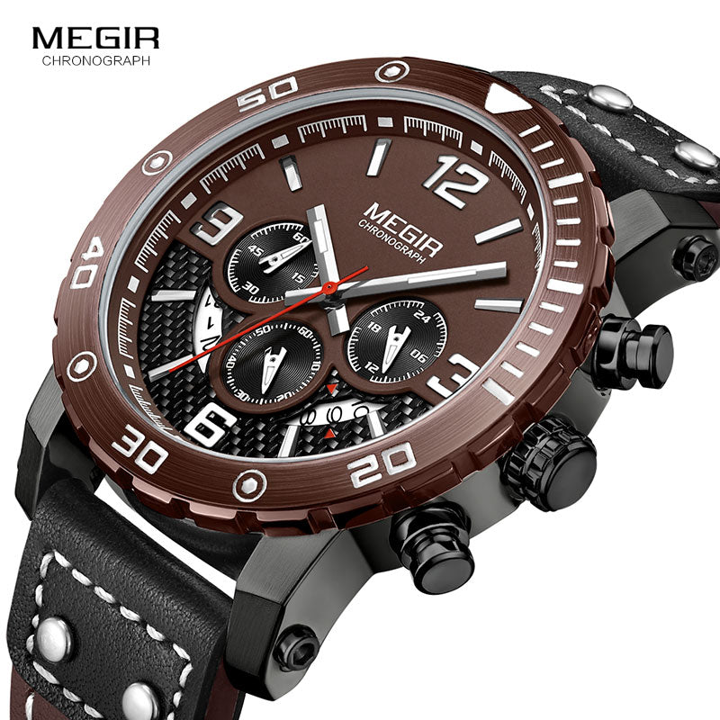 MEGIR Men's Chronograph Quartz Watches Fashion Analogue 24-hour Display Luminous Wrist Watch for Men Leather Strap 2084G-BKBN