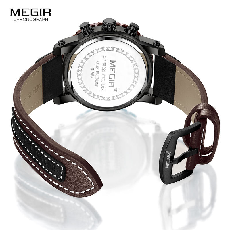 MEGIR Men's Chronograph Quartz Watches Fashion Analogue 24-hour Display Luminous Wrist Watch for Men Leather Strap 2084G-BKBN