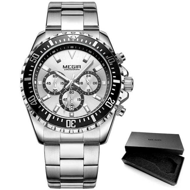 MEGIR Men's Chronograph Quartz Watches Stainless Steel Waterproof Lumious Analogue 24-hour Wristwatch for Man Green Dial 2064G-9