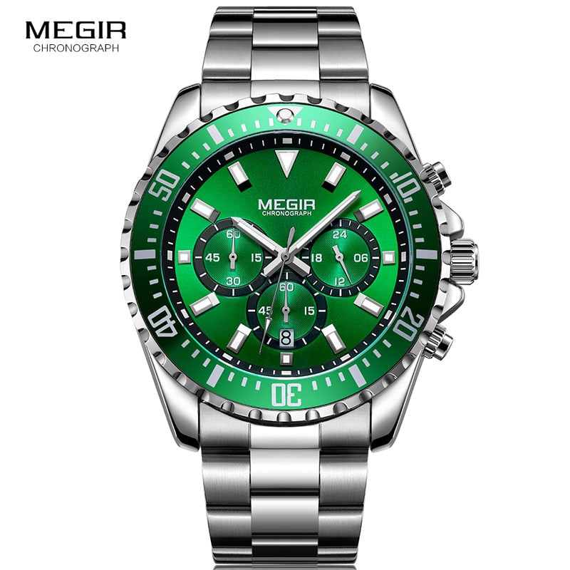 MEGIR Men's Chronograph Quartz Watches Stainless Steel Waterproof Lumious Analogue 24-hour Wristwatch for Man Green Dial 2064G-9
