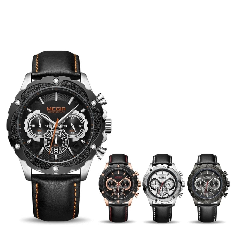 MEGIR Men's New Waterproof Leather Luminous Watch Multifunctional Chronograph Quartz Watch For Men Fashion Sports  2070G