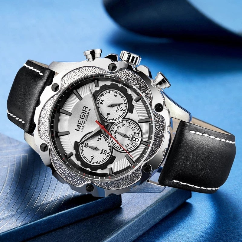 MEGIR Men's New Waterproof Leather Luminous Watch Multifunctional Chronograph Quartz Watch For Men Fashion Sports  2070G