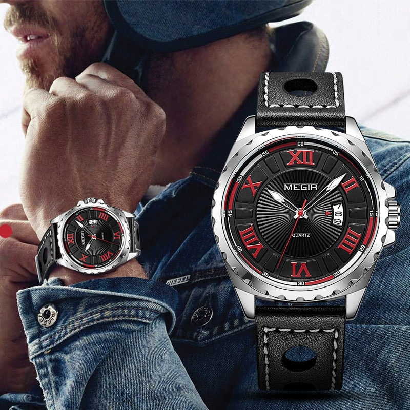 MEGIR Men's Retro Waterproof Quartz Watches Fashion Leather Strap Roman Numerals Analogue Wrist Watch for Man