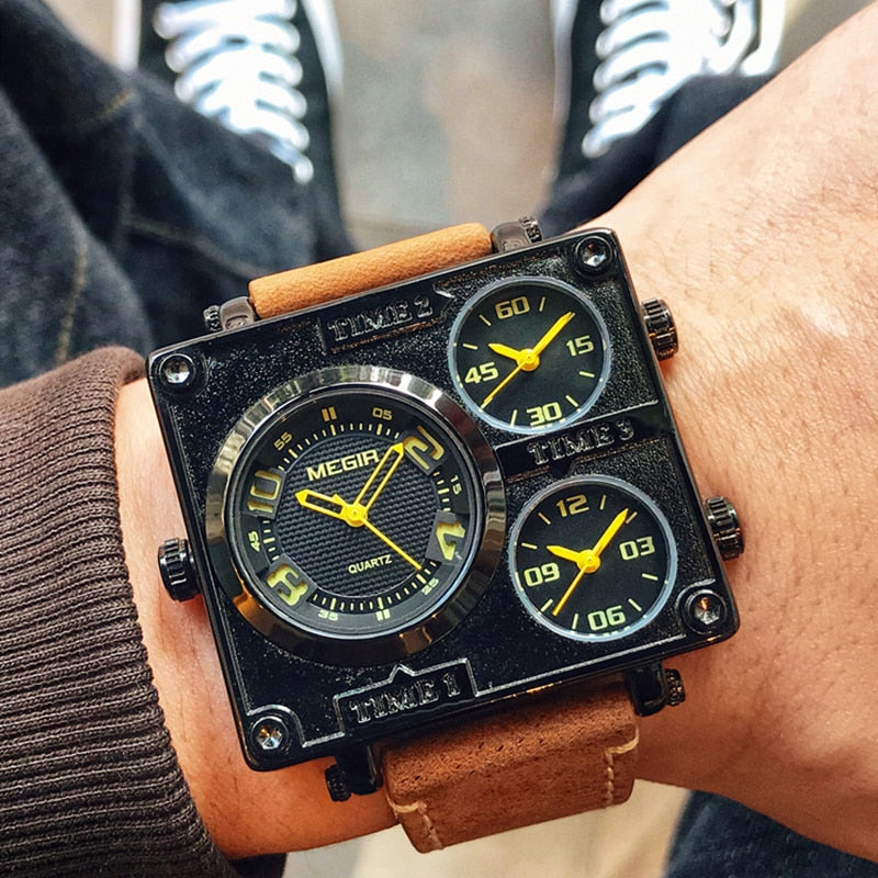 MEGIR Men's Square Quartz Watch Brand Creative Multi Time Zone Dial Clock Army Sports Wristwatches Men Relogios Masculino 2020
