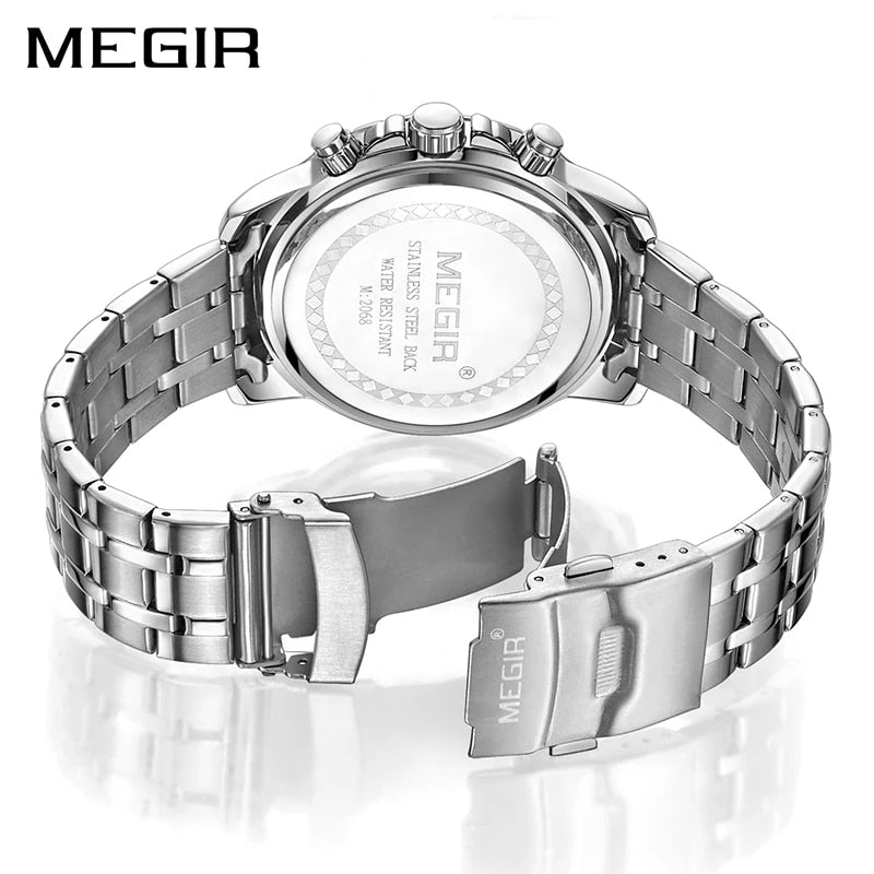 MEGIR Men's Stainless Steel Quartz Watches Business Chronograph Wristwatch For Man Multifunction 24 Hours Waterproof Luminous