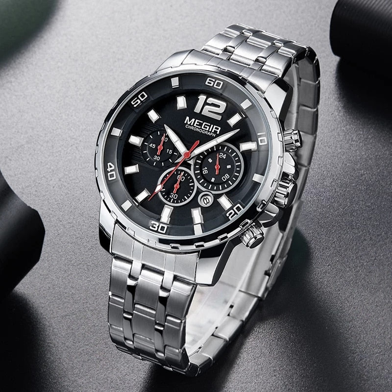 MEGIR Men's Stainless Steel Quartz Watches Business Chronograph Wristwatch For Man Multifunction 24 Hours Waterproof Luminous