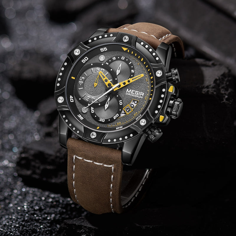 MEGIR Mens Watch New Fashion Chronograph Sport Quartz Watch Men Leather Casual Waterproof Clock Male Military Date Wrist Watch