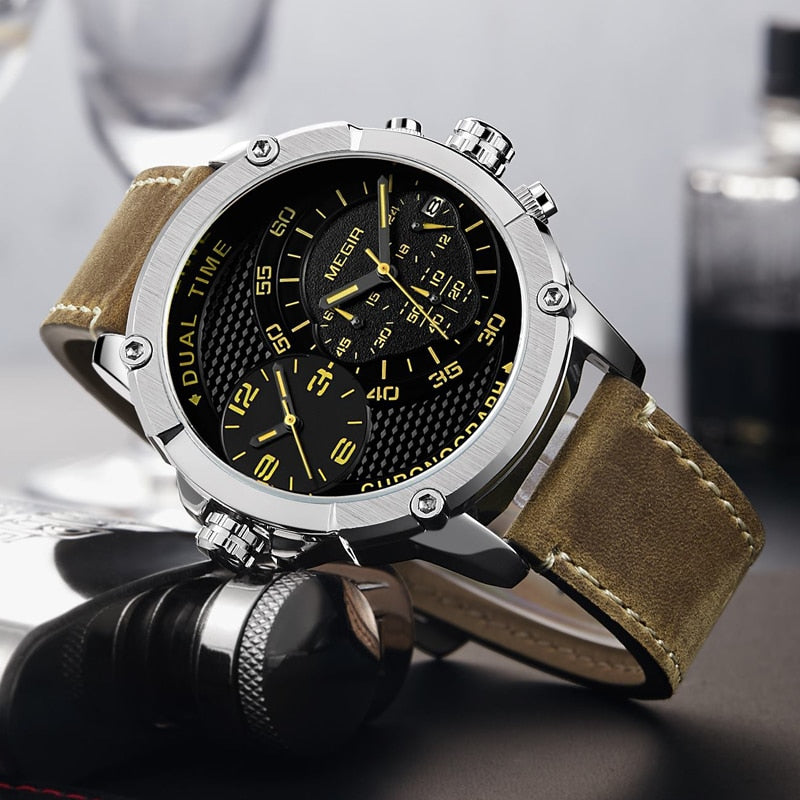 MEGIR New Design Waterproof Sports Quartz Watch Fashion Luxury Army Military Watches Men Dual Time Zone Clock Relogio Masculino