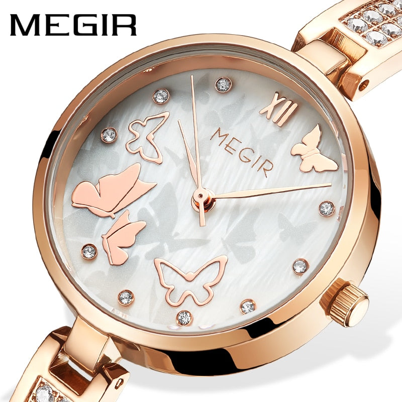 MEGIR New Elegant Rhinstone Woman Watch Luxury Brand Female Wristwatch Japan Movt 30M Waterproof Gold Analog Geneva Quartz Watch