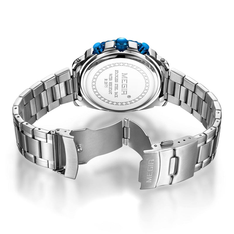 MEGIR New Men's Blue Dial Chronograph Quartz Watches Fashion Stainless Steel Luminous Hands Analogue Wristwatches For Man 2075
