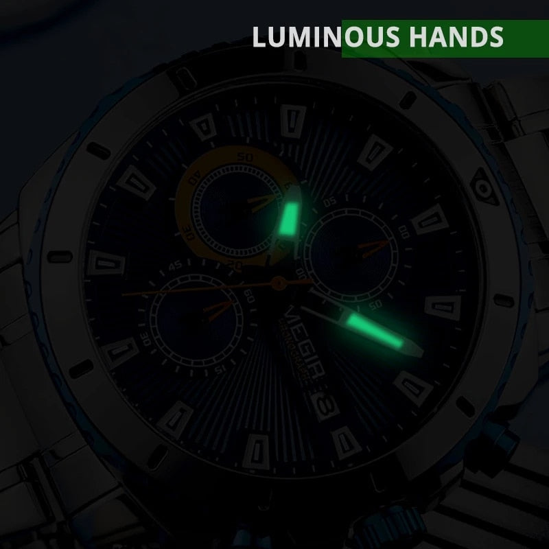 MEGIR New Men's Blue Dial Chronograph Quartz Watches Fashion Stainless Steel Luminous Hands Analogue Wristwatches For Man 2075