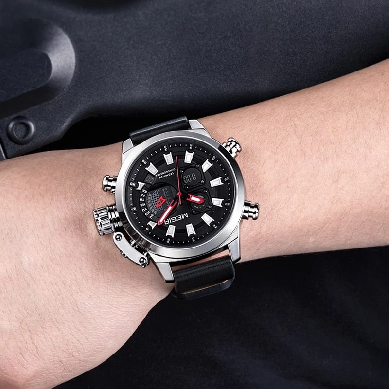 MEGIR New Men's Fashion Sports Chronograph Luminous Luxury Men's Multifunctional Week Calendar Waterproof Quartz Watch 2090G