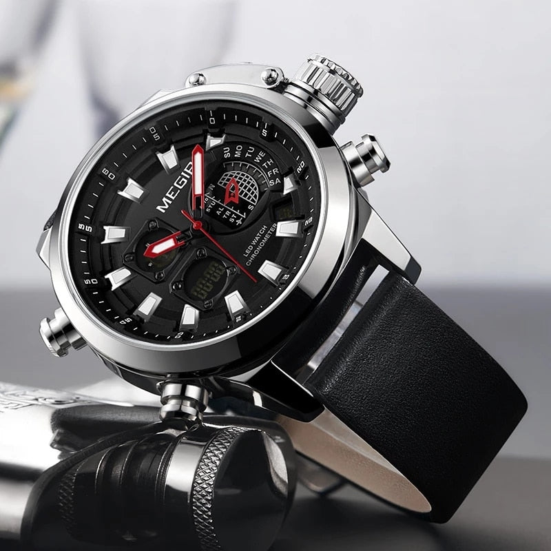 MEGIR New Men's Fashion Sports Chronograph Luminous Luxury Men's Multifunctional Week Calendar Waterproof Quartz Watch 2090G