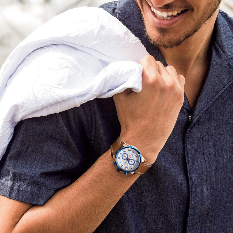 MEGIR New Mens Quartz Watch Multifunctional Waterproof  Fashion Brown Leather Strap Calendar Chronograph Sports Watches For Men
