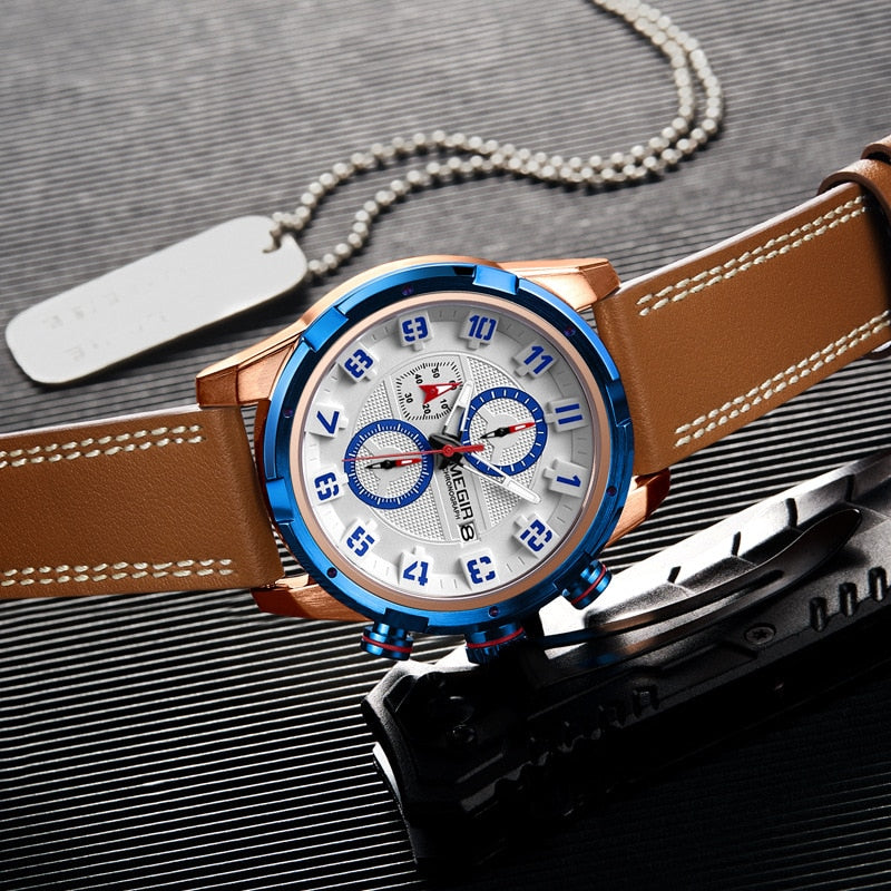 MEGIR New Mens Quartz Watch Multifunctional Waterproof  Fashion Brown Leather Strap Calendar Chronograph Sports Watches For Men