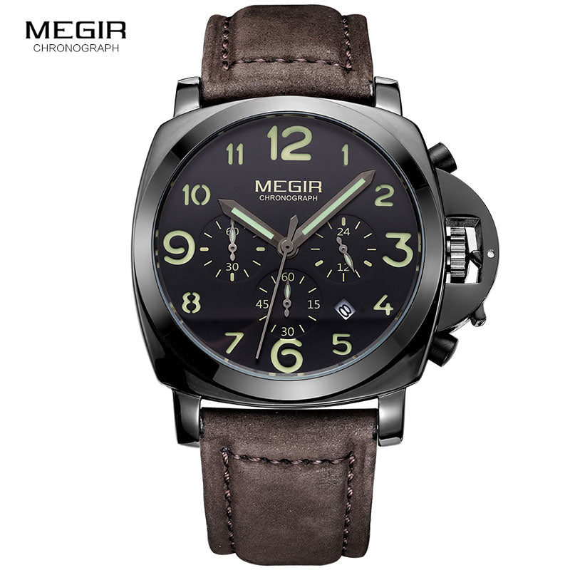 MEGIR New Top Luxury Brand Quartz Watch Men Big Dial Chronograph Military Retro Original Leather Clock Relogio Masculino ML3406G