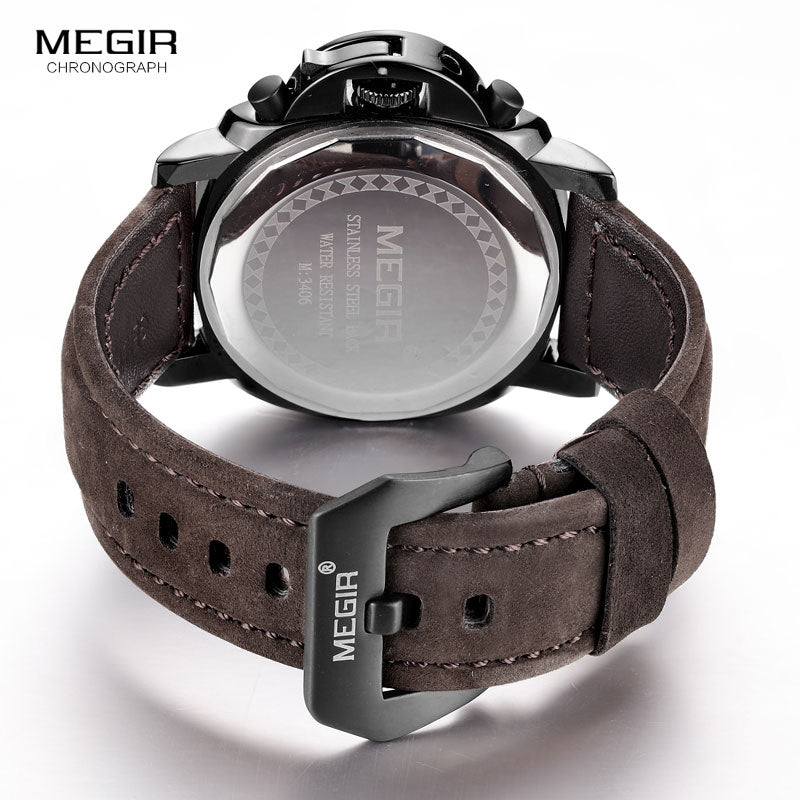 MEGIR New Top Luxury Brand Quartz Watch Men Big Dial Chronograph Military Retro Original Leather Clock Relogio Masculino ML3406G