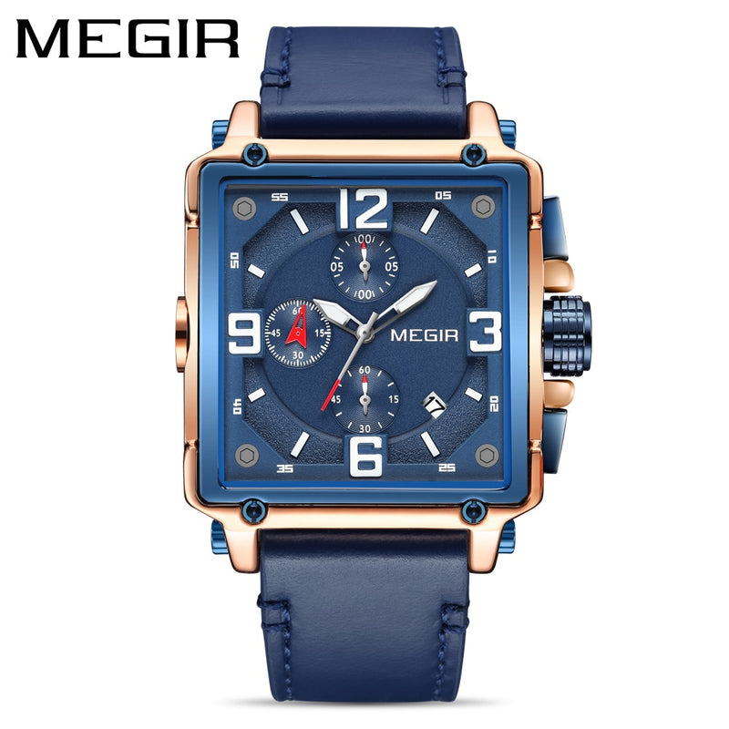 MEGIR Original Creative Men Top Brand Luxury Chronograph Quartz WristWatch Male Rectangle Clock Leather Sport Army Military Saat