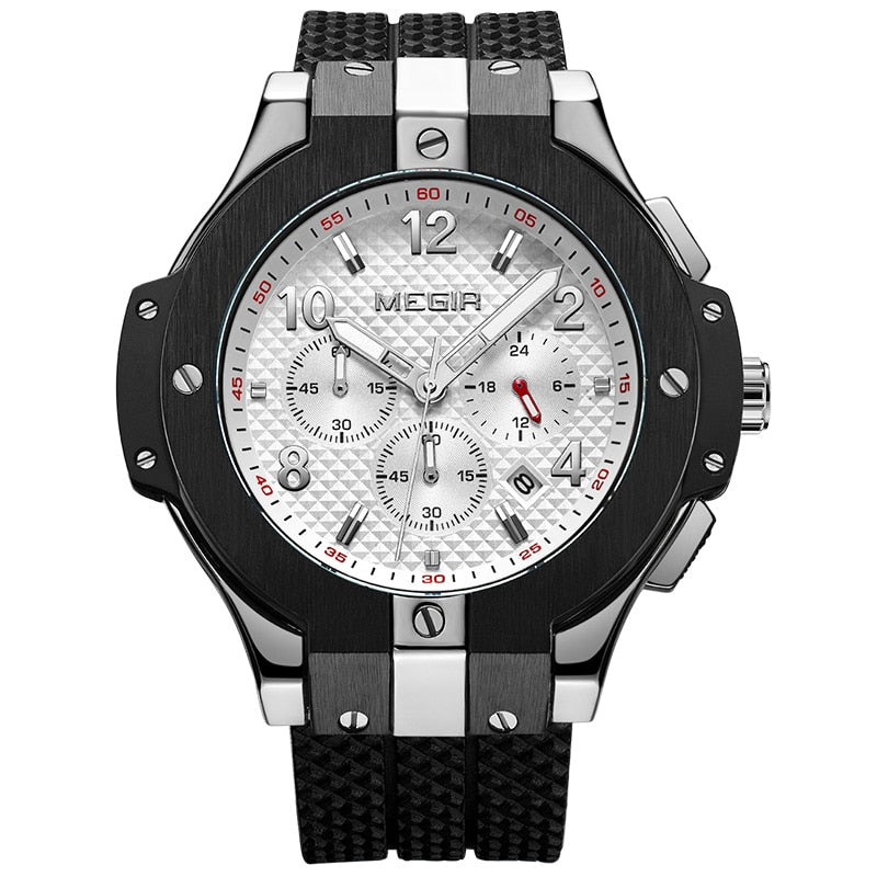 MEGIR Quartz Watch Men's Casual 3D Engraved Dial Black Silicone watches 3ATM Water Resistant Chronograph Mens WristWatch