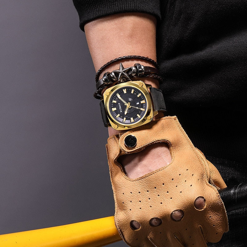 MEGIR RUIMAS Mens Sport Quartz Wristwatches Big Dial Date Gold Case Genuine Leather Band Japan Miyota Luminous Hand Gift Clock