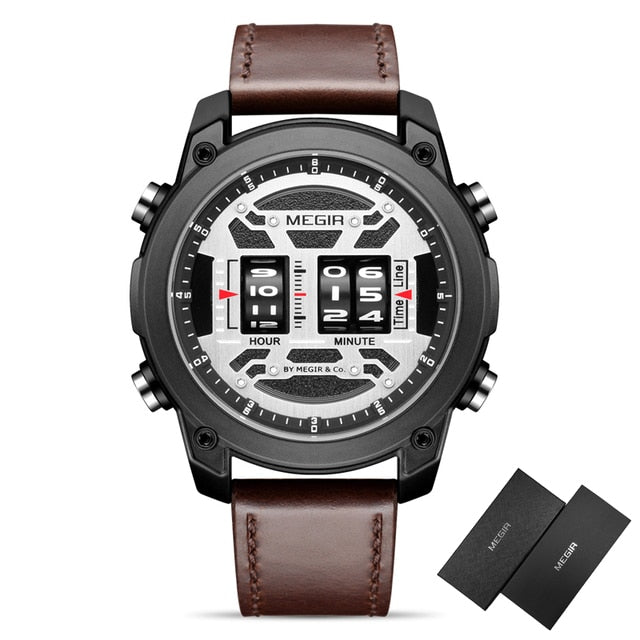MEGIR Scroll Wheel Design Watches Men Leather Business Sports Watch Fashion Quartz Waterproof Roller Time Display relogio