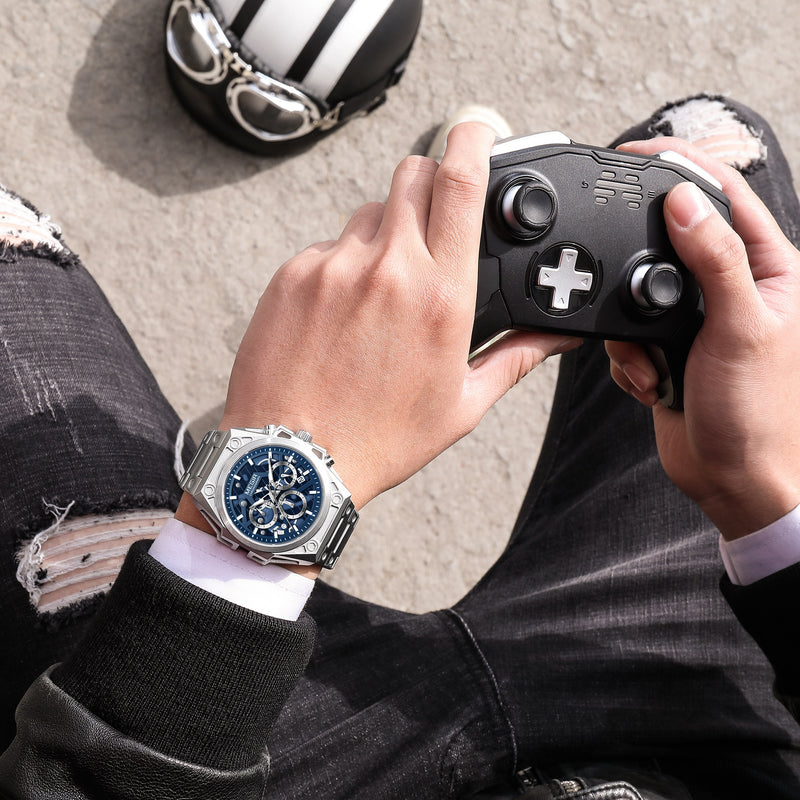 MEGIR Sports Wrist Watch Man with Stainless Steel Band Luxury Men's Quartz Watches Waterproof Chronograph Wristwatches Clock