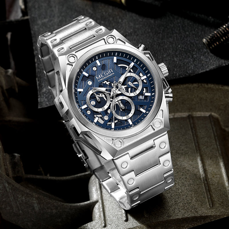 MEGIR Sports Wrist Watch Man with Stainless Steel Band Luxury Men's Quartz Watches Waterproof Chronograph Wristwatches Clock