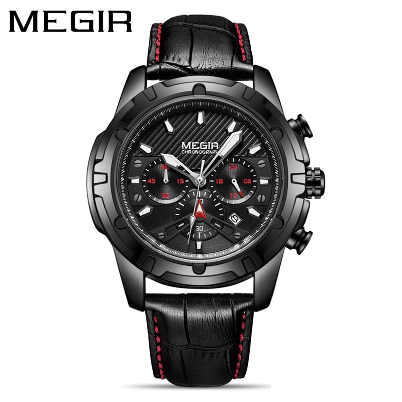 MEGIR Top Brand Black Sports Quartz Men's Watch Leather Luminous Waterproof Watch Calendar Chronograph Watches For Men 2102