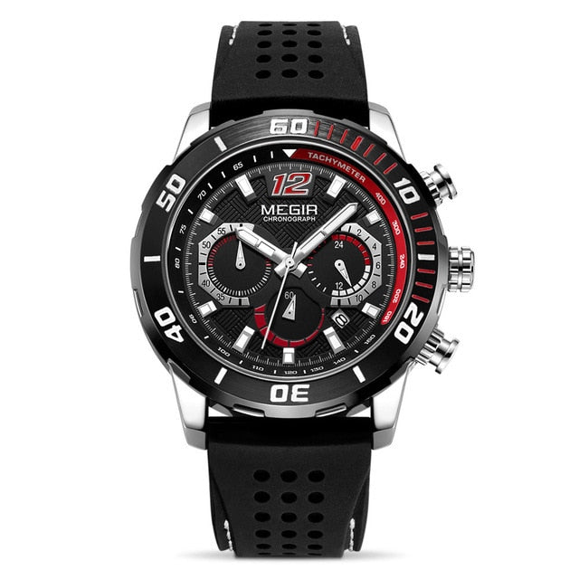 MEGIR Top Brand Fashion Luminous Men's Sports Waterproof Business Quartz Watch Calendar Chronograph Black Silicone Watch 2109G