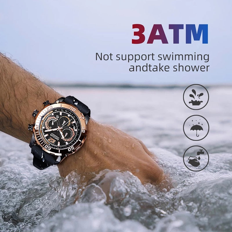 MEGIR Top Brand Fashion Luminous Men's Sports Waterproof Business Quartz Watch Calendar Chronograph Black Silicone Watch 2109G