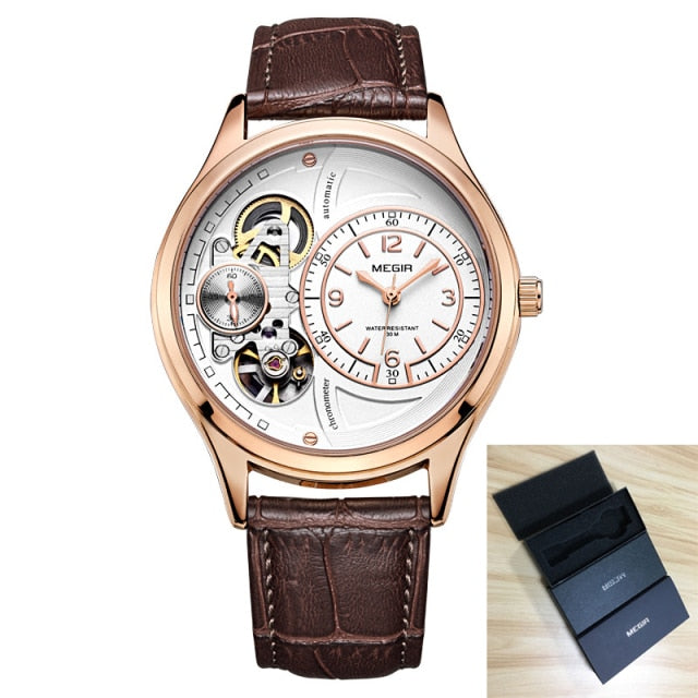 MEGIR Top Brand Luxury Fashion Skeleton Dial Quartz Watch Men Brown Leather Strap Waterproof Watch Men's Relogio Masculino 2017G