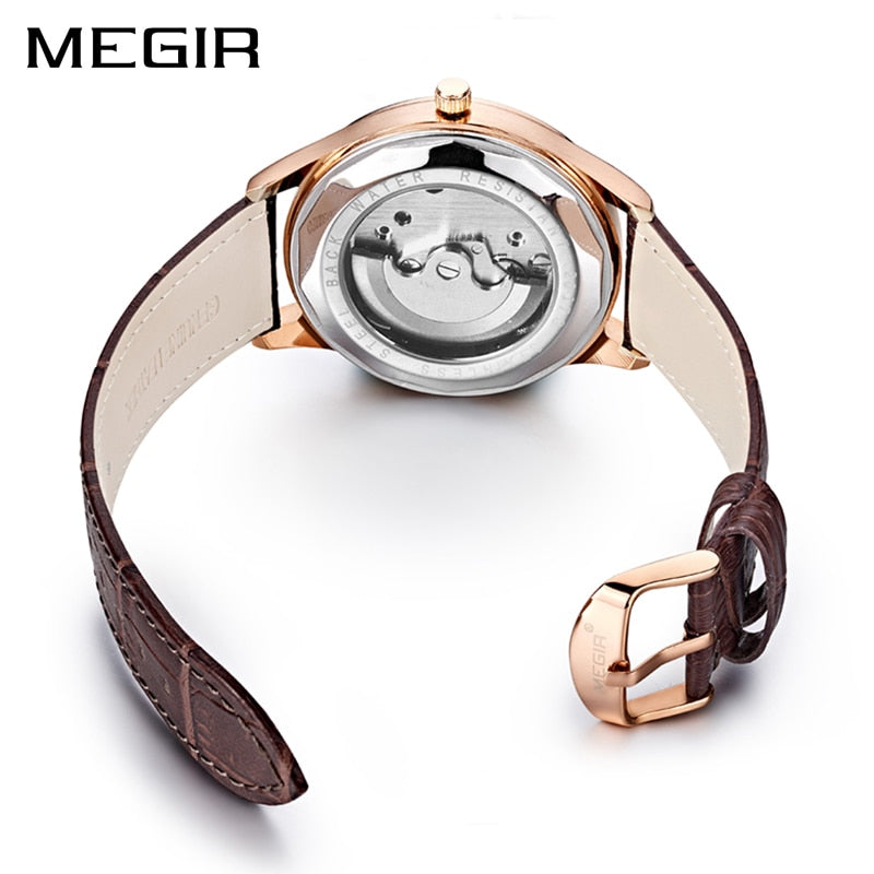 MEGIR Top Brand Luxury Fashion Skeleton Dial Quartz Watch Men Brown Leather Strap Waterproof Watch Men's Relogio Masculino 2017G