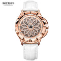 MEGIR Women's Analogue Quartz Watches Fashion Red Leather Strap Luminous Wristwatch for Ladies Diamond Flower Dial 2059LRERE