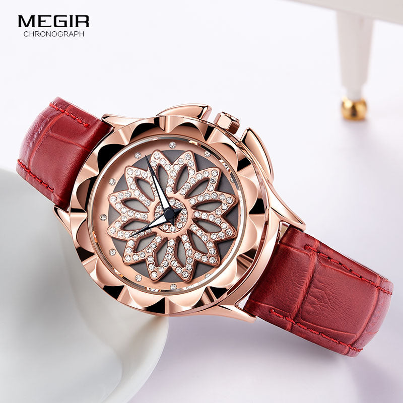 MEGIR Women's Analogue Quartz Watches Fashion Red Leather Strap Luminous Wristwatch for Ladies Diamond Flower Dial 2059LRERE