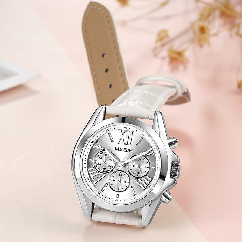 MEGIR Women's Fashion Casual Quartz Wristwatch Chronograph Leather Strap Business Watch For Lady Relogios Feminiinos Clock 2020