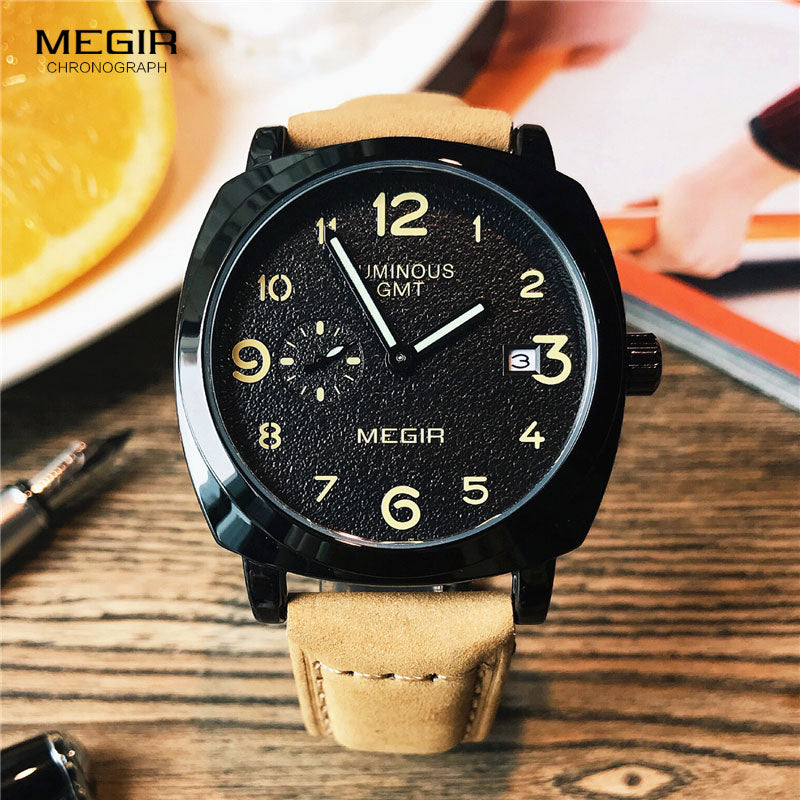MEGIR fashion military leather quartz watch men casual business waterproof luminous analog wristwatch man free shipping 1046