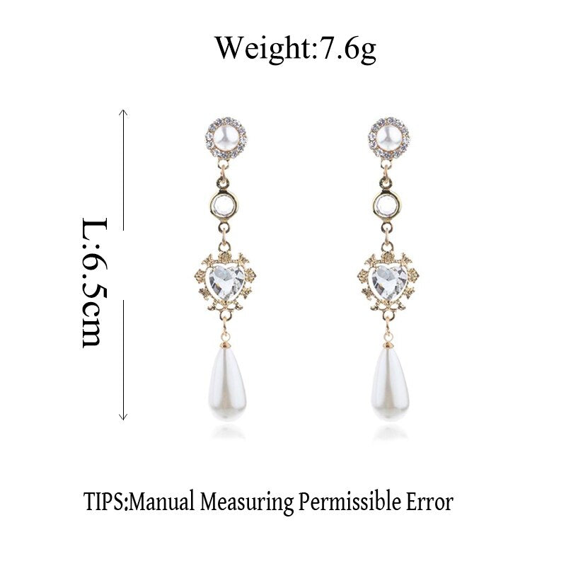 MENGJIQIAO 2018 New Fashion Clear Crystal Love Heart Long Pendientes Mujer Moda Water Drop Simulated Pearl Dangle Earrings Gifts