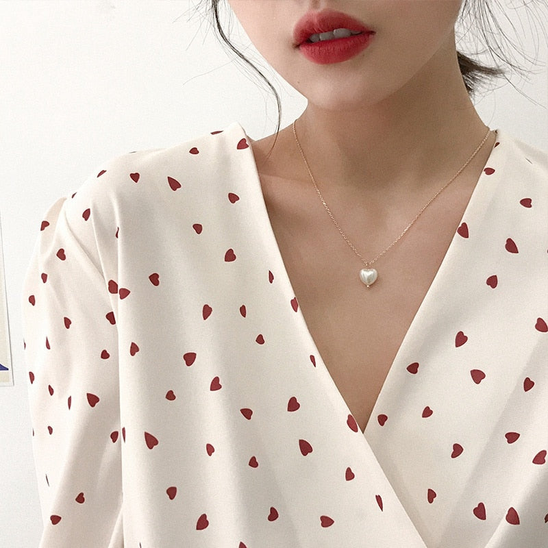 MENGJIQIAO 2020 Sweet Girls Elegant Pearl Heart Pearl Necklace For Women Students Fashion Party Choker Jewelry Gifts