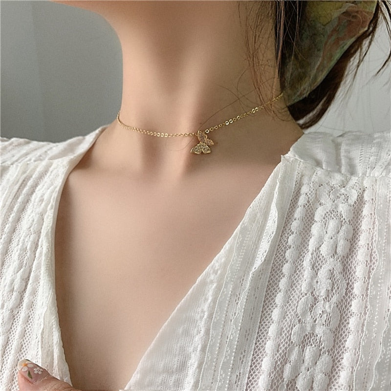 MENGJIQIAO Korean New Arrive Cute Zircon Butterfly Choker Necklace For Women Multi Layer Pearl Short Collares Jewelry Kolye