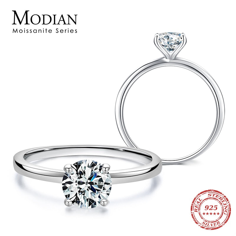 MODIAN Sparkling 1.0Ct Moissanite 925 Sterling Silver Finger Rings For Women Classic Wedding Band Engagement Statement Jewelry