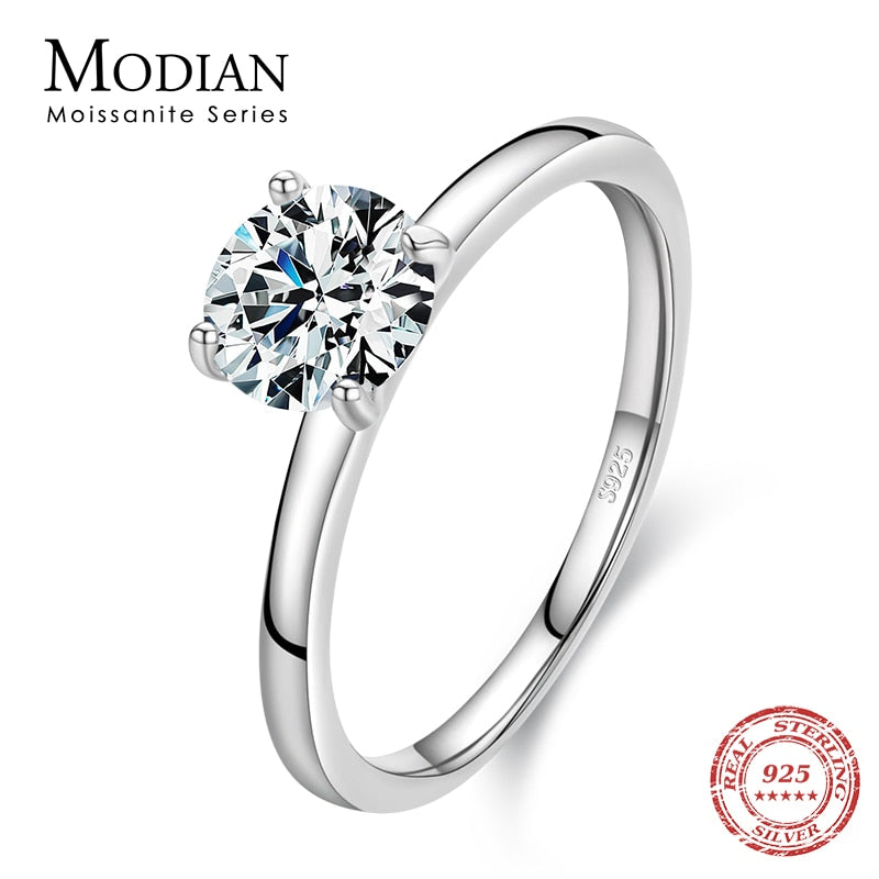MODIAN Sparkling 1.0Ct Moissanite 925 Sterling Silver Finger Rings For Women Classic Wedding Band Engagement Statement Jewelry