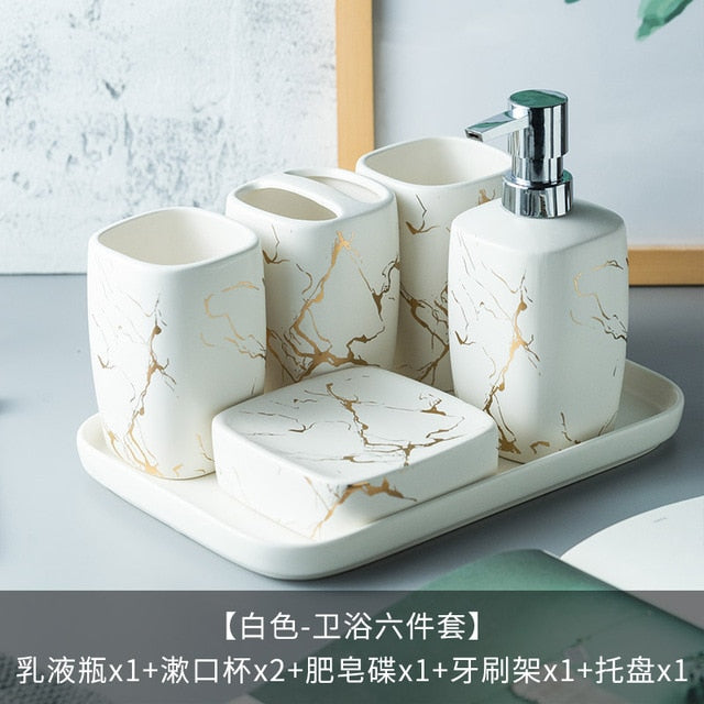 Marble Ceramics Bathroom Set 5pcs Soap Dispenser/Tooth brush Holder/Tumbler/Soap Dish Tray Bathroom decoration Accessories