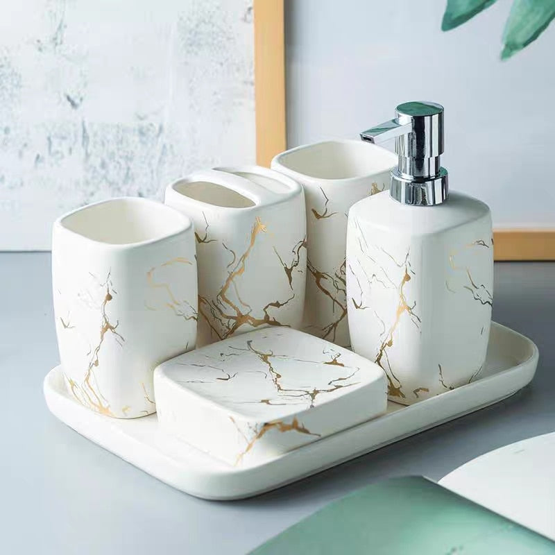 Marble Ceramics Bathroom Set 5pcs Soap Dispenser/Tooth brush Holder/Tumbler/Soap Dish Tray Bathroom decoration Accessories