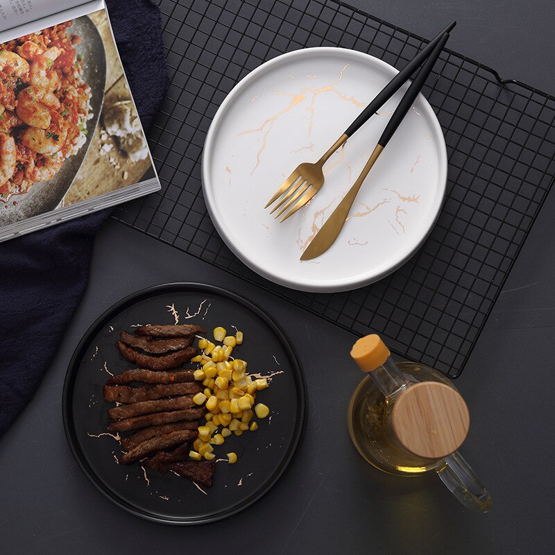 Marble Plate Ceramic Round Steak Dinner  Black Striped  Kitchen Utensils Porcelain Creative Nordic Dessert Snack Dishes