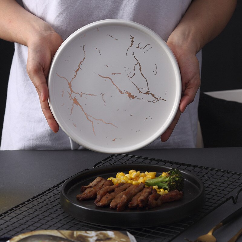 Marble Plate Ceramic Round Steak Dinner  Black Striped  Kitchen Utensils Porcelain Creative Nordic Dessert Snack Dishes