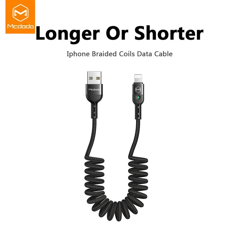 Mcdodo USB Cable Spring Extension Landline Charger Cord For iPhone 11 Pro XS MAX XR X 8 7 6 USB Data Fast Charge Phone LED Cable